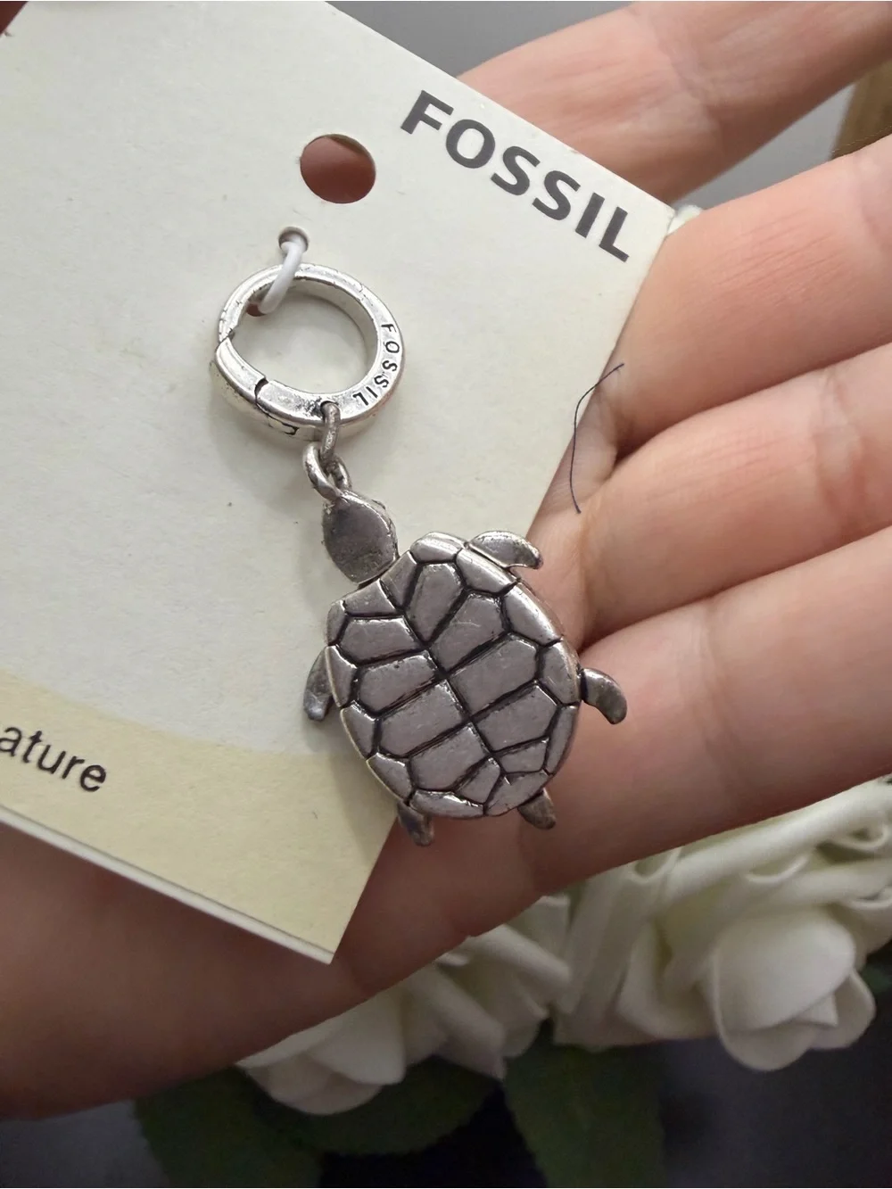 Fossil Silver Turtle Charm with Multicolor Crystals